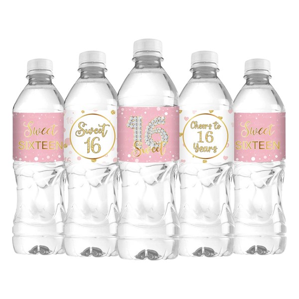 Sweet Sixteen Water Bottle Labels, Cheers to 16 Years Stickers,
