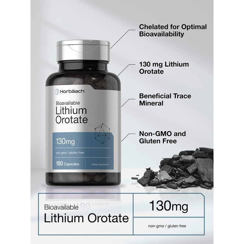 Horbäach Lithium Orotate 130mg | 180 Capsules | Non-GMO, Gluten