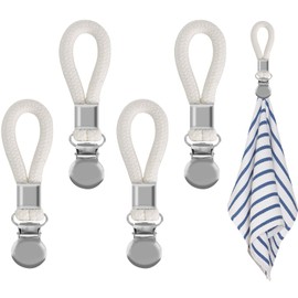 Cleminsta Towel Clips, Pack of 5 Hanging Towel Clips Made of Metal with Cotton Rope, Towel Holder for Kitchen, Bathroom, Cupboards, Beach Towels, Towels, for Home & Travel (White)