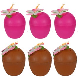 BFL 6 Pieces Coconut Cups with Hibiscus Flowers Tropical Plastic Coconut Drink Cups for Home Summer Beach Pool Outdoor Party Hawaiian Luau Tiki Birthday Themed Decorations and Supplies
