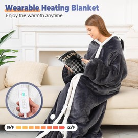 Wearable Heated Blanket with Foot Pocket, Electric Wearable Throw Blanket with Sleeves, Hood, Portable Heated Blanket with 8 Heat Levels, 1-10H Auto-off Settings, Gift for Family, Friends, 50*83"