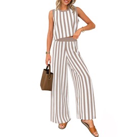 ZESICA Women's Summer Two Piece Outfits Crop Tank Tops and Wide Leg Pants Striped Lounge Travel Sets Casual Tracksuits,Khaki,X-Large