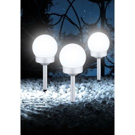 Globolightings LED Solar Lamp with Ground Spike 3-Piece Path Lamp Set Solar Outdoor Light Path Lighting Ball (Garden Lamp, Solar Light, Garden Light, Outdoor Lamp, Height 35 cm, Silver)
