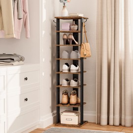 HOOBRO 8 Tiers Vertical Shoe Rack, Wooden Shoe Storage Organizer with Hooks, Narrow Shoe Tower for 8 Pairs, Space Saving, for Entryway, Living Room, Bedroom, Rustic Brown BF07XJ01G1