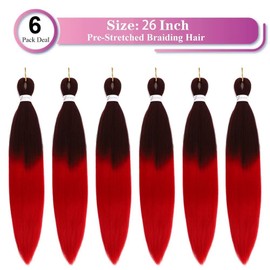 Ombre Red Braiding Hair Pre Stretched Black to Red EZ Braiding Hair 6 Packs/Lot 26 Inches Yaki Texture Braiding Hair Hot Water Setting Synthetic Fiber for Crochet Hair Extensions (Ombre Red)