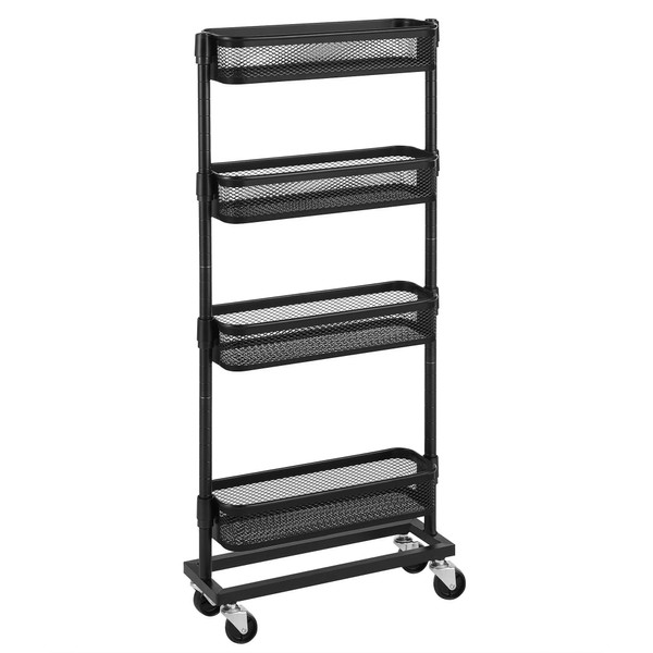 SONGMICS Slim Storage Cart, 4-Tier Metal Rolling Cart with Wheels, Flexible Baskets, Narrow Cart for Kitchen, Bathroom, Laundry Room, Easy Assembly, Black UBSC065B01