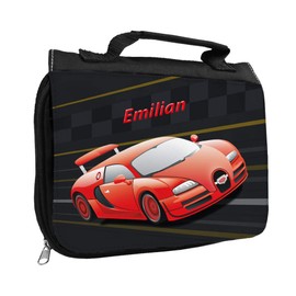 Wash Bag with Name Emilian and Racing Motif with Red Car for Boys Wash Bag with First Name Wash Bag for Children