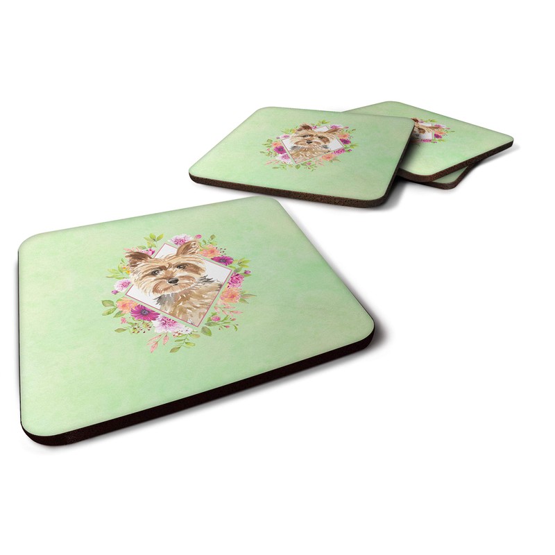Caroline's Treasures CK4357FC Yorkie Green Flowers Foam Coaster Set of