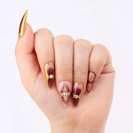 Elegant Gold and Burgundy Press-On Nails with Flower Design, Stiletto Shape, Rhinestone Accents, Reusable Full Cover Fake Nails, 24Pcs Set