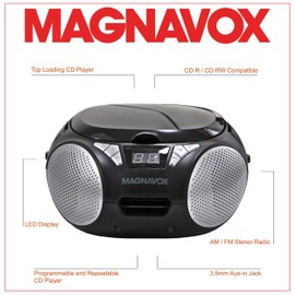 Magnavox MD6924 Portable Top Loading CD Boombox with AM/FM Stereo Radio in Black | CD-R/CD-RW Compatible | LED Display | AUX Port Supported | Programmable CD Player | (Renewed)