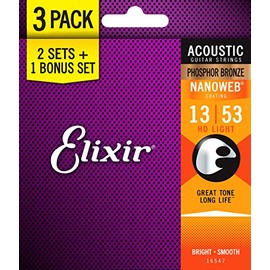 Elixir® Strings 16547 Acoustic Phosphor Bronze Guitar Strings with NANOWEB® Coating, 3 Pack, HD Light (.013-.053)