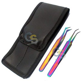 Set of 2 Stainless Steel Multi Titanium Rainbow Color 3d Eyelash Extension Tweezers Semi Angled + Straight Fine Point by G.S Online Store