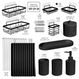 Clara Clark Bathroom Set - Black Bathroom Accessories Set, 24PC Bathroom Accessory Set, Bathroom Sets with Shower Curtain Set, Adhesive Corner Shower Caddy Hanging & Soap Dispenser