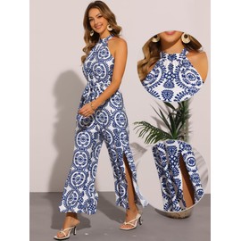 Allegra K Casual Sleeveless Jumpsuit for Women's Boho Pattern Tie Halter Neck Beach Slit Wide Leg Pants Medium Blue