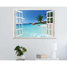 FLFK Fake Window Wall Sticker - Summer Beach Faux Window Wall Mural for Wall Decor, Stick and Peel Wall Decals,16"x24"