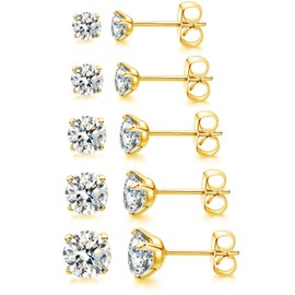 5 Pairs Stud Earrings Set 18K Yellow Gold Plated Round Cut Cubic Zirconia for Women and Men 3-7mm