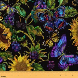 Purple Butterfly Fabric by The Yard Retro Watercolor Sunflower Leaves Fabric for Teens Sewing Lovers Botanical Floral Rustic Garden Fabric for Clothing Sewing and Home Accents 1 Yard,36" L x 59" W