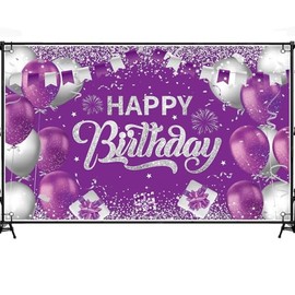 Cartel de fondo de fondo de feliz cumpleaños, color morado y plateado, 6 x 4 pies, letrero de telón de fondo plateado morado, suministros para fiesta de cumpleaños, fondo fotográfico para niños