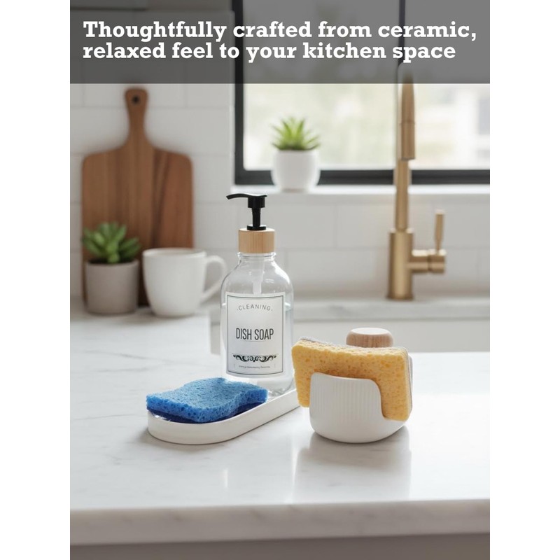 Ceramic Double Sponge Holder with Soap Tray, 2-Slot Countertop Sink