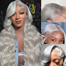 XFJT Grey Lace Front Wigs Human Hair Body Wave Grey 13x6 Lace Front Wigs Human Hair Glueless Lace Front Wigs Human Hair for Women 200 Density Natural Hairline with Baby Hair(30Inch)