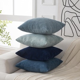 Volcanics Set of 4 Dusty Blue Navy Series Corduroy Decorative Couch Throw Pillow Covers 18x18 Inch, Soft Modern Boho Striped Cushion Cases for Patio, Balcony, Children Bedroom, Summer Gradient Shams