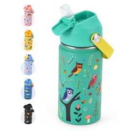 WixByti Kids Water Bottle 14oz with Silicone Straw Lid - Insulated Toddler Water Bottle Stainless Steel Keeps Cold 24H, Leak Proof & Birds Prints Design | Custom Name Tag for School, Daycare, Travel