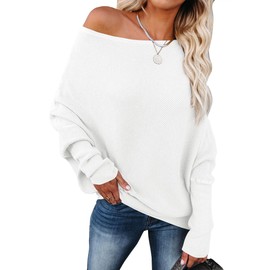 ANRABESS Womens Off Shoulder Sweaters 2025 Fall Long Batwing Sleeve Loose Fit Knit Tops Casual Pullovers Jumpers White Small