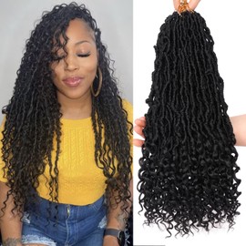 Leeven 7 Packs Faux Locs With Curly Ends 18 Inch Pre-looped Goddess Locs Crochet Hair 84 Strands Natural Black Crochet Bohemian Soft Locs Braiding Hair Extensions With Curls for Women 1B#