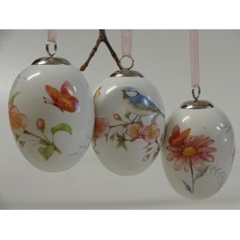 Set of 3 Easter Eggs Easter Decoration Ceramic with Flowers Bird Butterflies Easter