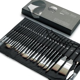 ARTIFY Pinceles Pintura Acrilica Profesionales, 26 Piezas Juego de Pinceles de Nylon Sintético con Rollo Organizador y Espátula para Acrilico, Gouache, Óleo, No Pierden Cerdas (Negro)