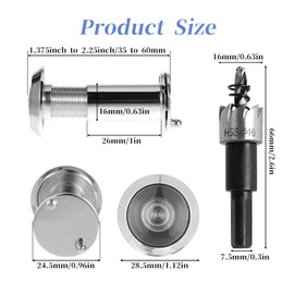 Door Viewer with Privacy Screen, 200° Wide Angle Optical Glass Lenses, Borehole, Diameter 16 mm, Spy with Drill, Adjustable Length Door Viewer for 35-60 mm Thick Doors (Silver)