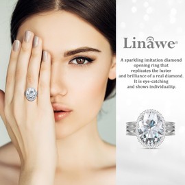 Linawe Silver Adjustable Rings for Women, Birthstone Imitation Diamond Fake Crystal Gemstone CZ Chunky Rings, Vintage Statement Cocktail Rings, Oval Stone Costume Rings