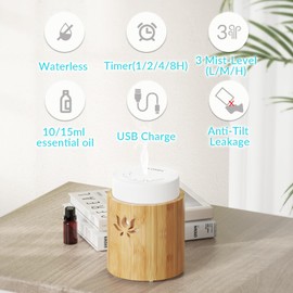 LOXIM Padma Aromatherapy Diffuser, Real Bamboo Aroma Scent Machine, Optional LED Light, Waterless, Noiseless, Cordless, Battery Operated