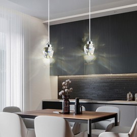 Modern Crystal Pendant Light, 3-Color LED Crystal Pendant Light, Adjustable Height Silver Ceiling Hanging Pendant Lamp, for Bedroom Dining Room Kitchen Island Decor Lighting (Silver)