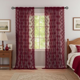 Kotile Burgundy Lace Curtains 63 Inch Length 2 Panels Rustic Floral Cottagecore Maroon Sheer Curtains for Bedroom, Rod Pocket Privacy Light Filtering Vintage Sheer Window Curtains, Each 52 x 63 Inch