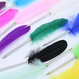 Feather Ballpoint Pens Black Ink Natural Feather Quill Ballpoint Pen for Kids School Writing,Signatures, Luxury Hand Writing Stationery Pen (Dark green)