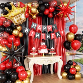 Red and Black Birthday Decorations for Men with Red Black and Gold Balloons Happy Birthday Banner Red and Gold Fringe Curtain for 21st 25th 27th 30th 35th 40th Women Men Birthday Decorations