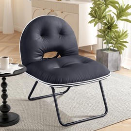 Bonzy Home Folding Faux Leather Accent Chair, Easy Clean Foldable Comfy Reading Chair for Indoor - Portable Camping Chair with Handle for Outdoor,Metal Frame,Black