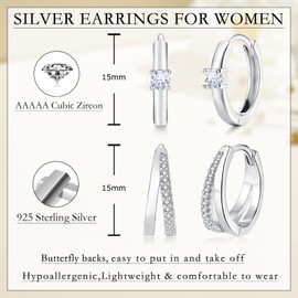 Estrellique 925 Sterling Silver Hoop Earrings with Cubic Zirconia, Hypoallergenic Small Sleeping Cartilage Huggie Earring, Hoop Earrings Silver 925 for Women, 2 Pairs Ear Jewellery Set with Gifts Box