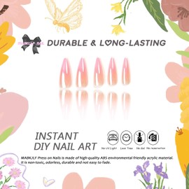 Ombre Press on Nails Long Almond MABKJLF Pink & White Fake Nails False Nails Chrome Nails Full Cover Glossy Glue on Nails Stick on Nails Acrylic Nails for Women Girls 24 Pcs