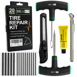 20PCS Tire Repair Kit – Flat Tire Plug Kit includes Ergonomic T-Handle Tools with Rubber Covered Grip, 2 Sizes Tire Repair strips, Knife, Tire Pressure Gauge & Lubricant – Car, SUV, Motorcycle, ATV
