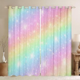 Homewish Rainbow Curtains for Kids Girls Teens Bedroom, Tie Dye Pastel Curtains & Drapes 66" Wx72 L Golden Glitter Girly Sweet Blackout Curtains Abstract Watercolor Art Black Out Curtains