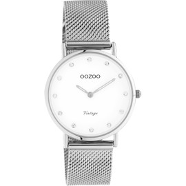 Oozoo Vintage Women's Watch – Women's Watch with 16 mm Mesh Strap – Analogue Women's Watch in Round, Silver / white, Bracelet