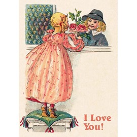 I LOVE YOU Greeting card ~ Child in a Pretty Pink Dress with Pink Roses~ Birthday Wishes Vintage Large Greeting Card