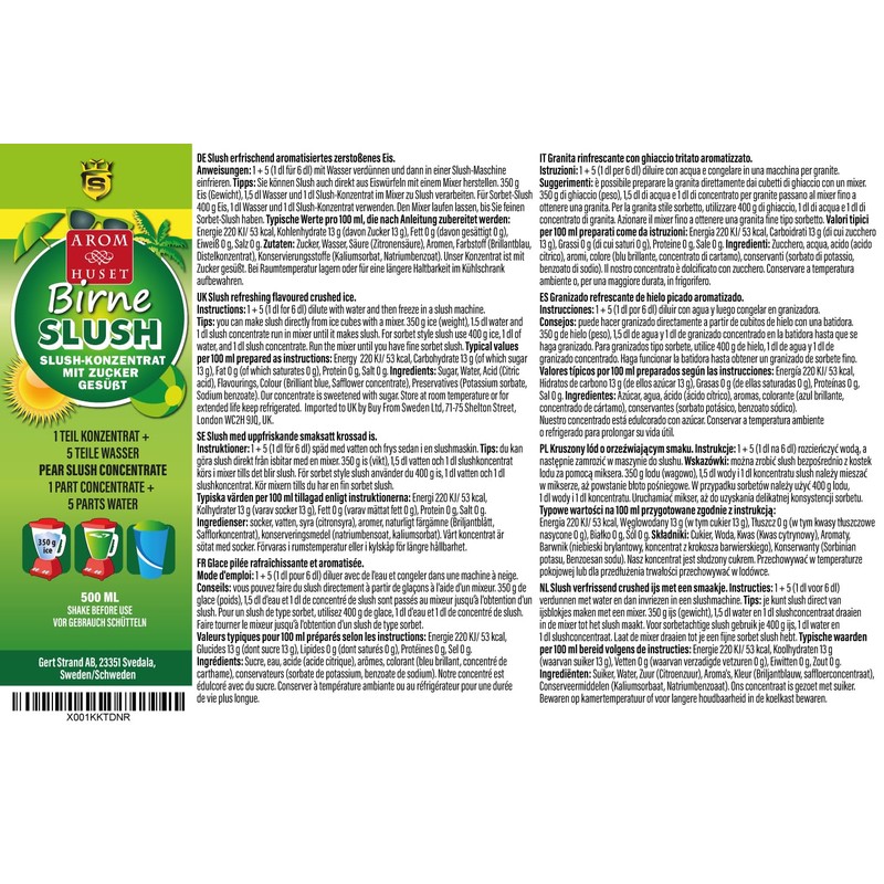 Pear Slush Concentrate 500 ml, Mix Ratio 1:5 | Slush