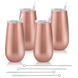 4 Pack Stemless Tumbler, Insulated Champagne Glass 6 Oz Reusable Toasting Glasses with Lid, Stemless Flute Wine Tumbler (Rose Gold)