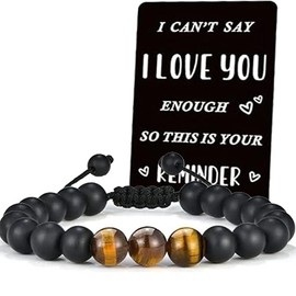 Cool Gifts for Teen Boys/Men-Natural Gemstone Bracelet with Meaningful Metal Wallet Card