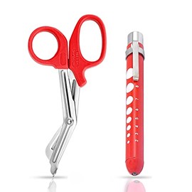 VISION TEK MED Pen Light for Nurses & Medical Scissors, LED Penlights with Pupil Gauge, 7.5" Bandage Scissors EMT Shears for Doctor, Nurses, Nursing Students (Red Shears+Red Penlight)
