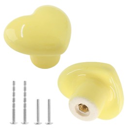 Qjaiune 2pcs Ceramic Cabinet Knobs Yellow Drawer Knobs, Heart Shaped Dresser Knobs Cute Kitchen Cabinet Pull Handles, Small Vanity Knobs Hardware Round Cupboard Knobs for Kids Girls Children's Bedroom