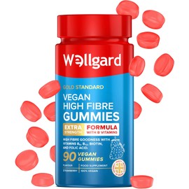 Vegan High Fibre Gummies Wellgard – High Strength Fibre Gummy Vitamins B₆, B₁₂, Biotin, and Folic Acid, Strawberry Flavour, UK Formulated